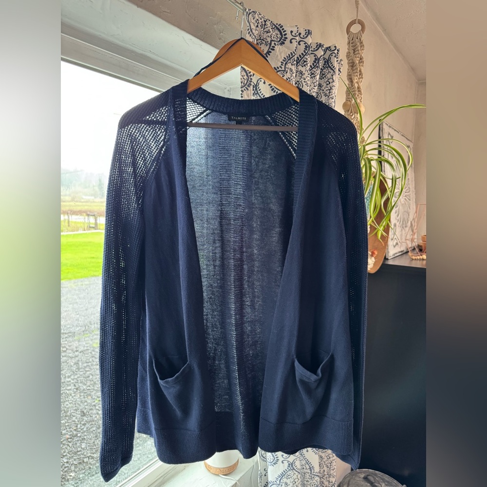 Talbots Navy Open-Front Lightweight Cardigan, Size Large Petite